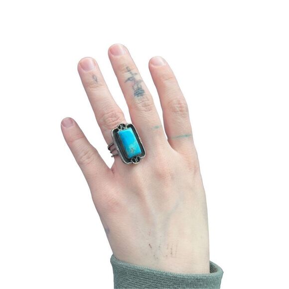Vintage Southwestern Solid Silver Large Kingman Turquoise Totem Ring Size 5.5 - Picture 11 of 14